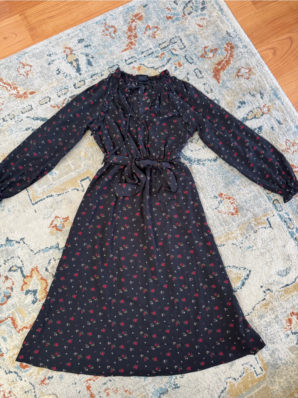 GAP Black Floral Long Sleeve Midi Dress